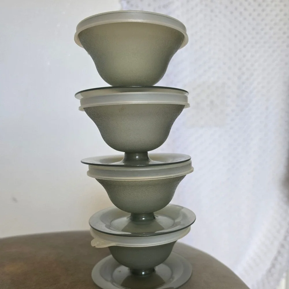 Vintage Tupperware Smoky Gray Footed Dessert Sherbet Cups with Lids Set of 4 733